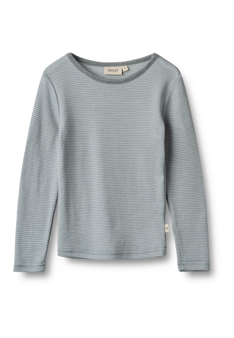 Long-sleeve shirt in light blue-grey cotton with subtle horizontal stripes. Features a round neckline and textured fabric. Brand label visible.