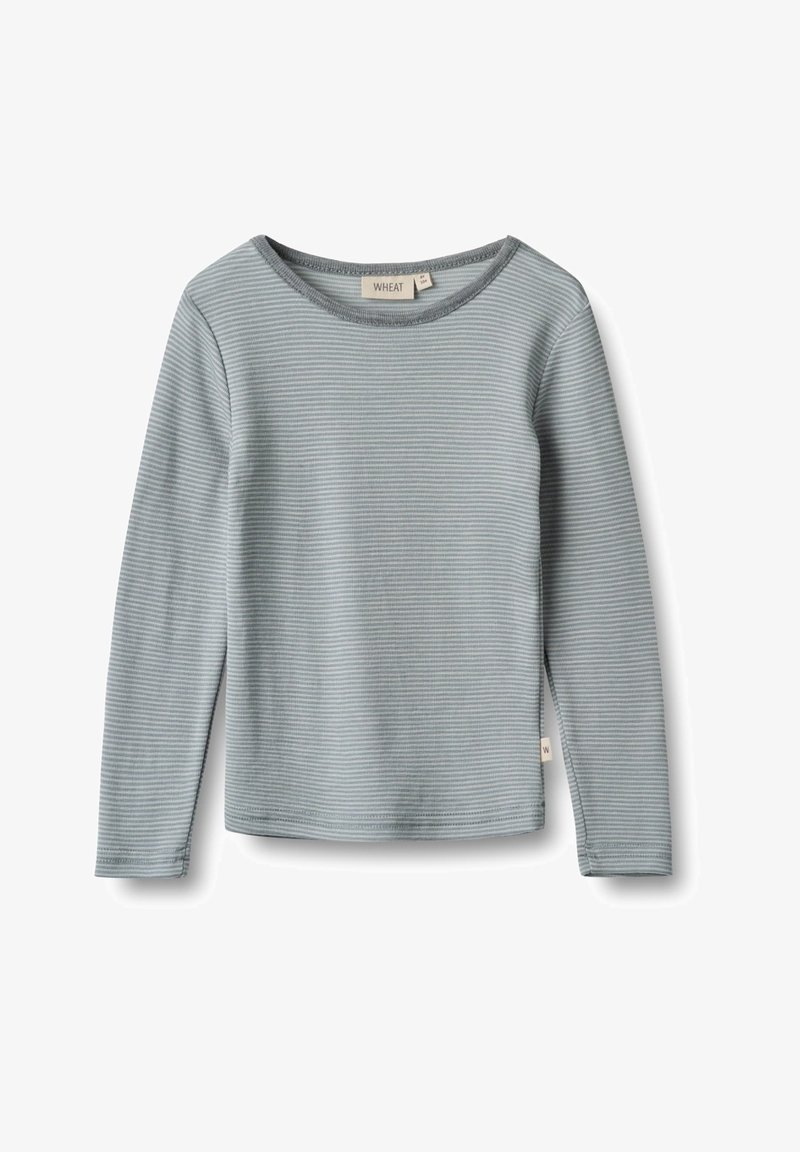 Koszula z długim rękawem w jasnoniebiesko-szarym kolorze, wykonana z bawełny, z delikatnymi poziomymi paskami. Posiada okrągły dekolt i teksturowaną tkaninę. Widoczna metka marki.