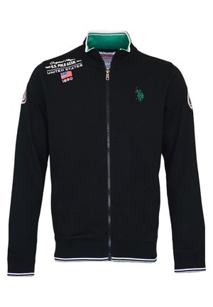 Giacca nera con zip in cotone, con colletto verde, righe bianche sui polsini e sull'orlo, e logo ricamato sul petto.