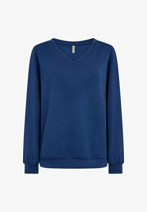 Blå, långärmad tröja med V-ringning. Tillverkad av ett mjukt tyg, med elastiska ärmslut och en avslappnad passform. Enkel, enfärgad design.