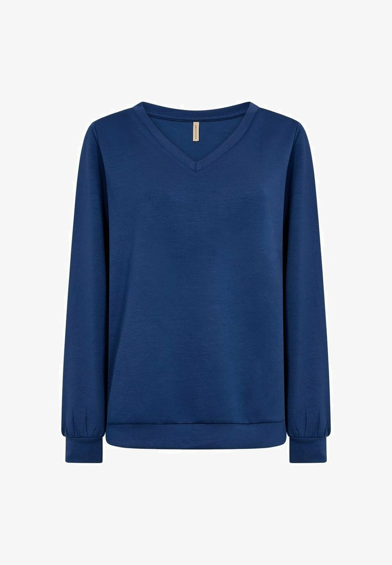 Maglione blu a maniche lunghe con scollatura a V. Realizzato in un tessuto liscio, presenta polsini elasticizzati e una vestibilità comoda. Design semplice e uniforme.