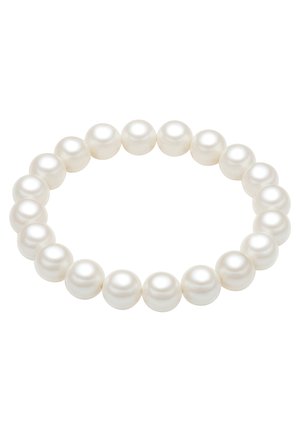 White pearl necklace with softly rounded beads, each exhibiting a smooth, lustrous surface, strung together to form a continuous loop.