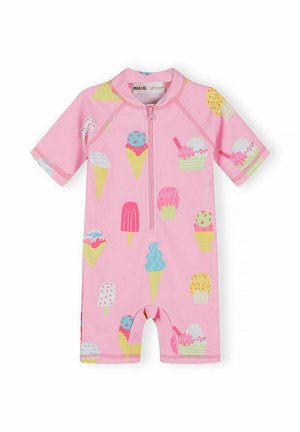 Różowy, krótki kostium kąpielowy dla malucha z przednim zamkiem błyskawicznym, ozdobiony kolorowym wzorem lodów w rożkach i na patyku.