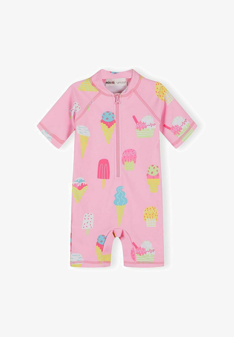 Maillot de bain rose à manches courtes pour tout-petit avec fermeture éclair à l'avant, orné d'un motif coloré de cônes de glace et de sucettes glacées.