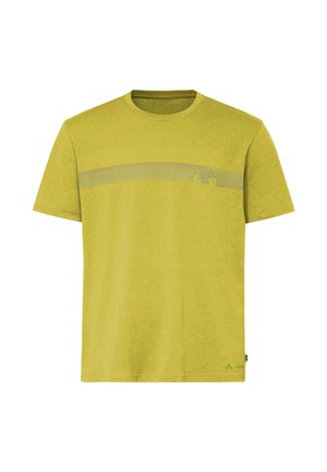 T-shirt à manches courtes jaune-vert avec une bande horizontale et un petit graphique de vélo sur la poitrine.