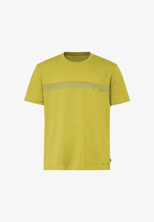 T-shirt à manches courtes jaune-vert avec une bande horizontale et un petit graphique de vélo sur la poitrine.