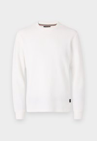 Weißes Langarmshirt mit geripptem Stoff, Rundhalsausschnitt und schwarzem Etikett im unteren linken Bereich. Dezentes Branding auf der Brust.