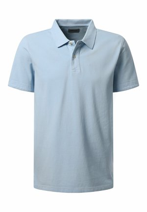 Helles blaues Poloshirt aus Baumwolle. Kurzärmelig, mit Kragen, Drei-Knopf-Leiste und einer strukturierten Stoffoberfläche.