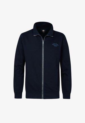 Navy zip-up sweatshirt with a stand-up collar, featuring a light blue logo on the chest and ribbed cuffs and hem. Smooth fabric texture.