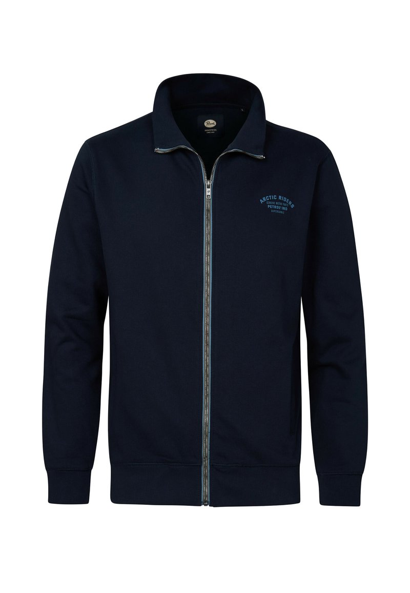 Sweatshirt en molleton bleu marine zippé avec un col montant, ornée d'un logo bleu clair sur la poitrine et de poignets et d'un bas en côtes. Texture de tissu lisse.