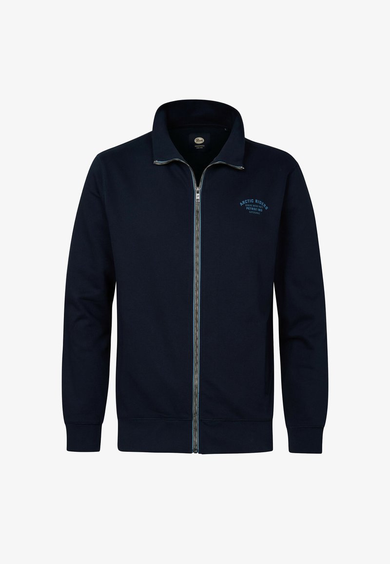 Sudadera navy con cremallera y cuello alto, que presenta un logo azul claro en el pecho y puños y dobladillo acanalados. Textura de tela suave.