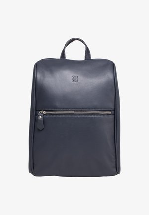 Dark blue rectangular leather backpack with a top handle, front zippered pocket, and small embossed logo near the top center.