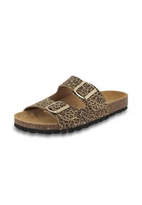 Leopard print slide sandal with two adjustable buckles, cork footbed, and textured rubber sole. Brown and tan color scheme.