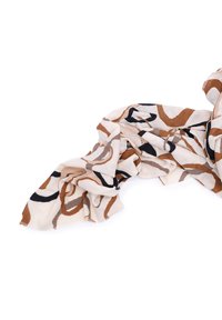 Scarf multicolore con motivo a fantasia realizzato in tessuto leggero, caratterizzato da vortici astratti nei toni marrone, beige e nero. Texture morbida, stile drappeggiato.