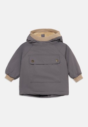 Children's gray hooded winter jacket with beige ribbed cuffs, collar lining, and front flap pocket with button closures.