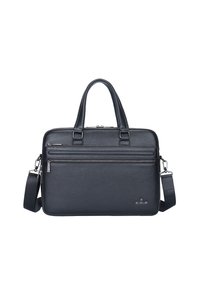 Serviette en cuir noir avec finition texturée, double poignées supérieures, bandoulière amovible et deux poches zippées à l'avant.