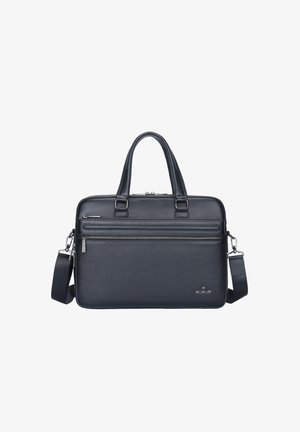 Cartella in pelle nera con finitura testurizzata, doppie maniglie superiori, tracolla rimovibile e due tasche con zip sul davanti.