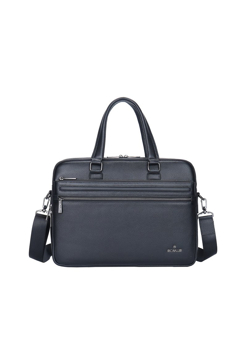 Serviette en cuir noir avec finition texturée, double poignées supérieures, bandoulière amovible et deux poches zippées à l'avant.