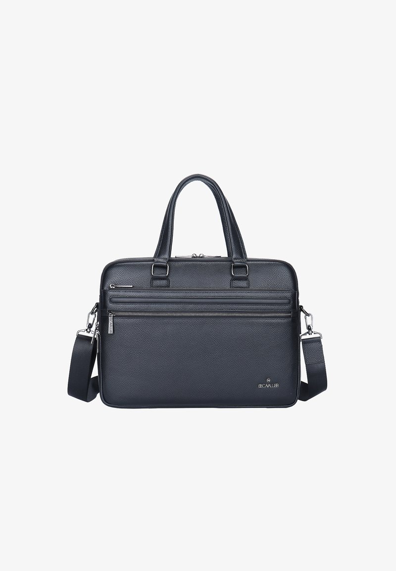 Zwarte leren aktetas met textuurafwerking, dubbele bovenhandvatten, afneembare schouderriem en twee ritsvakjes aan de voorkant.