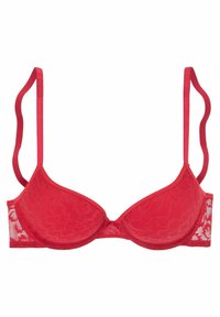 Roter Spitzen-BH mit vorgeformten Cups, dünnen verstellbaren Trägern, floralem Muster und nahtlosen Seiten für eine glatte Passform.