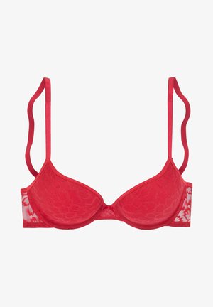Red lace bra with molded cups, thin adjustable straps, floral pattern, and seamless sides for a smooth fit.