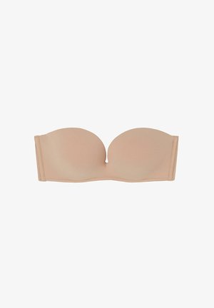 Naakt strapless beha met gladde stof, voorgevormde cups en onderbedekking voor ondersteuning. Kenmerkt zijboning voor extra stabiliteit en een naadloos ontwerp.