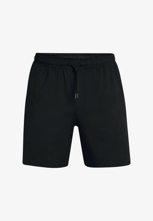 Melnas šortos, kas izgatavoti no mīksta auduma, ar elastīgu jostu un aukliņu, nodrošinot brīvu piegulšanu un gludu tekstūru.