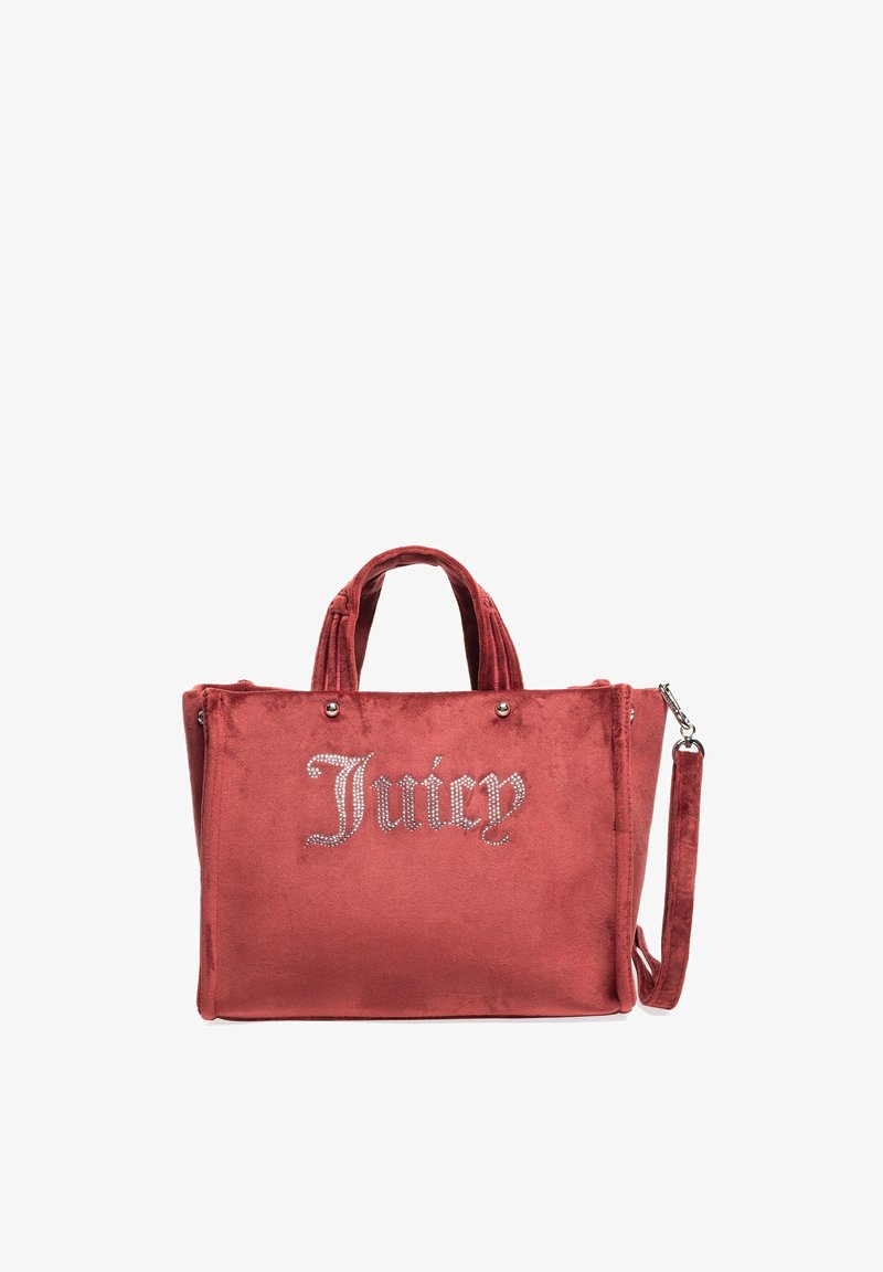 Czerwony torba typu tote z podwójnymi uchwytami i odpinanym paskiem, z ozdobionym rhinestonami logo "Juicy" z przodu.