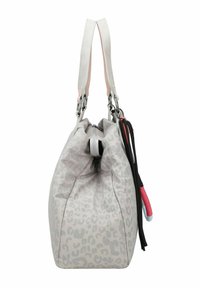 Sac à motifs léopard gris avec une forme arrondie, en matériau synthétique, doté de deux poignées blanches et d'une fermeture éclair sur le dessus. Présente des accents colorés sur les tirettes de la fermeture éclair.