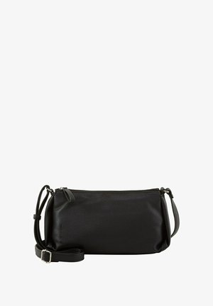 Svart läder crossbody-väska med en texturerad yta, dragkedjestängning, justerbar rem och en stilren rektangulär form.