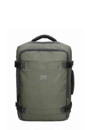 Sac à dos rectangulaire vert olive avec poignée rembourrée, poche zippée avant, sangles latérales réglables et logo "Coveri active" centré.