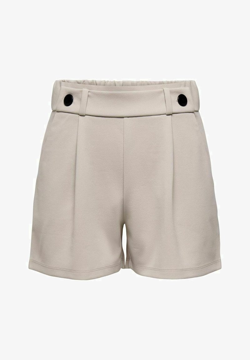 Short beige taille haute avec large ceinture et deux grands boutons noirs à l'avant, ajusté avec des plis à l'avant.