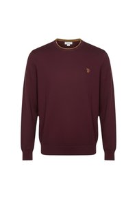 Maglione bordeaux lavorato a maglia con scollo rotondo, polsini e orlo a costine. Presenta un piccolo logo ricamato sul petto a sinistra, rifinito con bordature marroni.