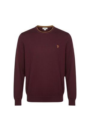 Maglione bordeaux lavorato a maglia con scollo rotondo, polsini e orlo a costine. Presenta un piccolo logo ricamato sul petto a sinistra, rifinito con bordature marroni.