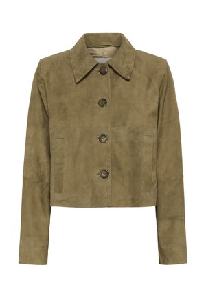 Gombos khaki színű velúr dzseki széles gallérral, hosszú ujjakkal és két függőleges oldal zsebbel.