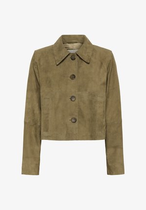 Pogaļota khaki zamšādas jaka ar plašu apkakli, garām piedurknēm un divām vertikālām sānu kabatām.