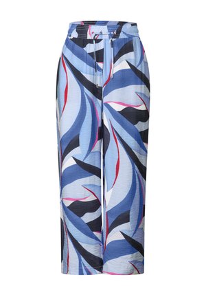 Pantalon large léger bleu avec des motifs de feuilles audacieux en navy, bleu clair, noir et rose. Il dispose d'une taille élastique et d'un cordon de serrage.