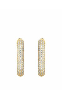 Guldtonade örhängen med en strukturerad design, utsmyckade med klara rhinestones, cylindrisk form och slät yta.