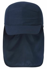 Cappello blu navy con visiera curva e flap posteriore in tessuto. Realizzato in materiale liscio, presenta dettagli di cucitura e bottoni laterali regolabili.