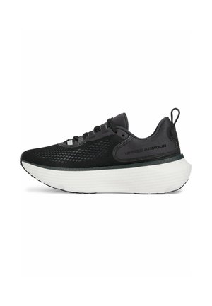 Black athletic shoe with a breathable mesh upper, cushioned white sole, and black laces. Features padding around the ankle and branding on the side.