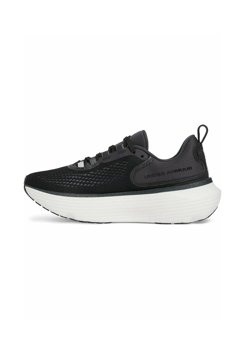 Black athletic shoe with a breathable mesh upper, cushioned white sole, and black laces. Features padding around the ankle and branding on the side.