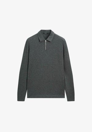 Graues Langarm-Polohemd mit Reißverschlusskragen, aus weichem Stoff, mit einem schlichten Design ohne Muster oder Verzierungen.