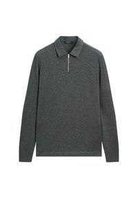 Grijze longsleeve polo shirt met een ritskraag, gemaakt van zachte stof, met een eenvoudig ontwerp zonder patronen of versieringen.