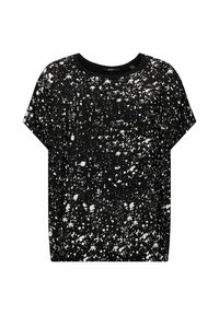 Svart t-shirt med vit sprutmönster, korta ärmar, rund halsringning och en avslappnad passform. Mjuk tyg med en slät textur.