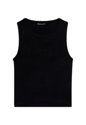 Top corto nero senza maniche a coste con scollatura rotonda e testo ricamato "FREDDY" sul davanti.