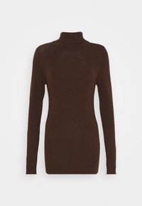 Brauner Rollkragenpullover mit langen Ärmeln, aus weichem Material gefertigt. Mit einer taillierten Form und glatter Textur, reicht bis zur Hüfte.