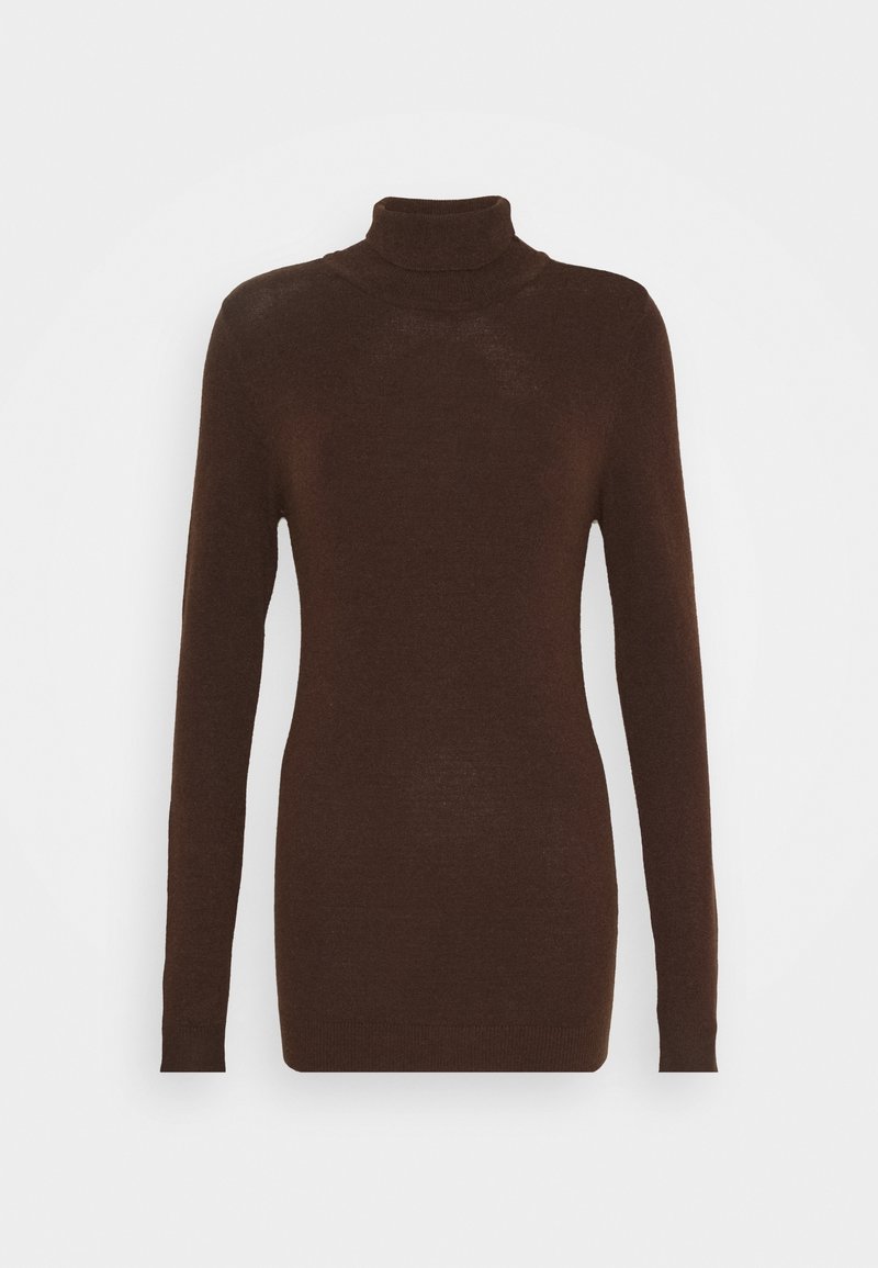 Brauner Rollkragenpullover mit langen Ärmeln, aus weichem Material gefertigt. Mit einer taillierten Form und glatter Textur, reicht bis zur Hüfte.