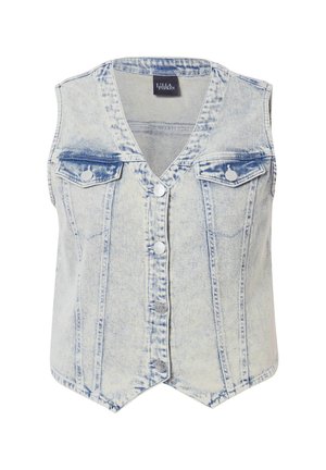 Vaaleansininen farkkuliivi, jossa on haalistunut pesu. Ominaisuuksiin kuuluu V-pääntie, hihaton muotoilu, kaksi rintataskua ja napp closure edessä.