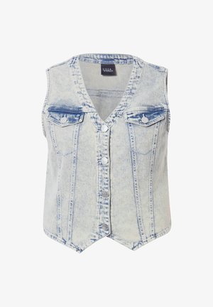 Vaaleansininen farkkuliivi, jossa on haalistunut pesu. Ominaisuuksiin kuuluu V-pääntie, hihaton muotoilu, kaksi rintataskua ja napp closure edessä.