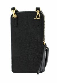 Borsa crossbody per smartphone in pelle nera con finitura testurizzata, hardware dorato, chiusura a zip, due tracolle e forma rettangolare.